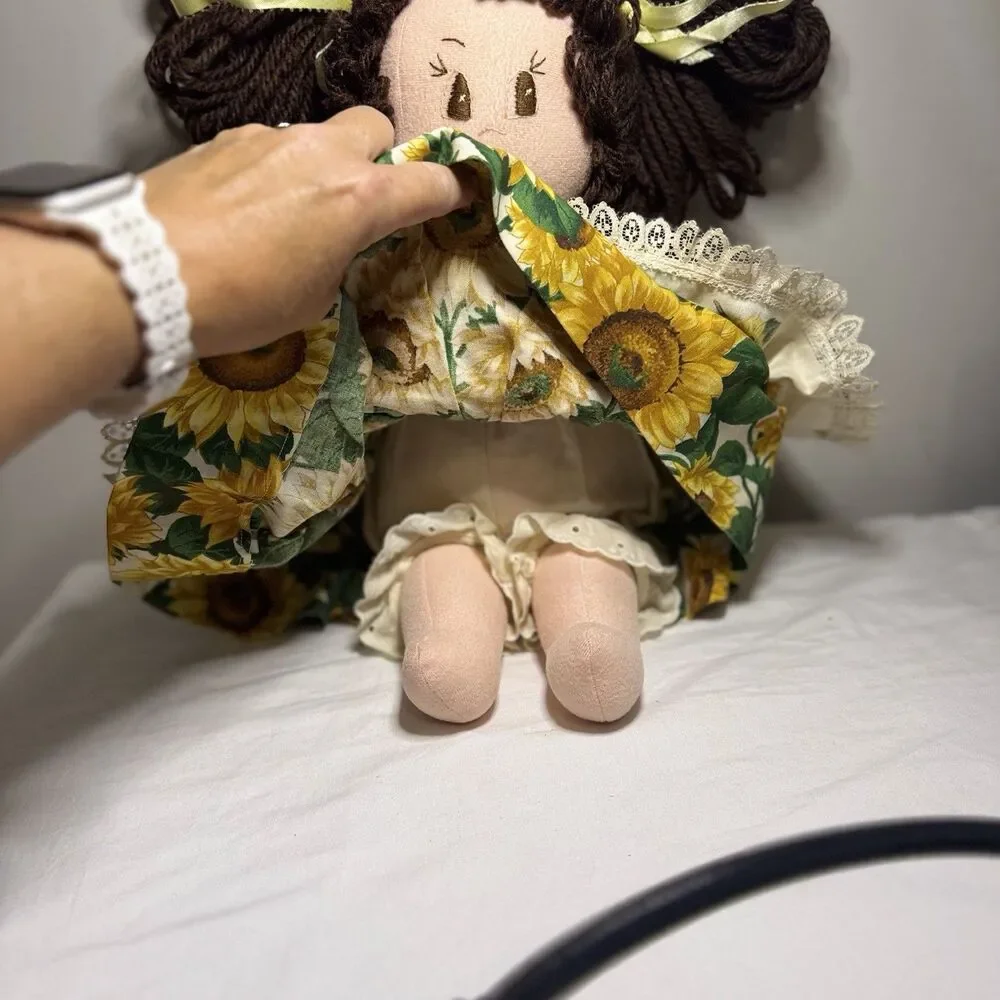 Traditional Hand Made Rag Doll Soft Body 17inches  Tall Sunflower Dress Pigtails